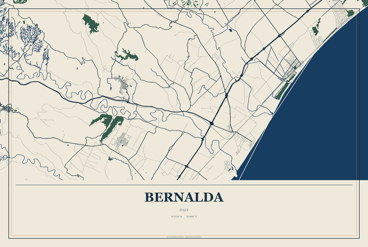 Bernalda, Italy City Map Aluminum Sign in Coastal Cutout style