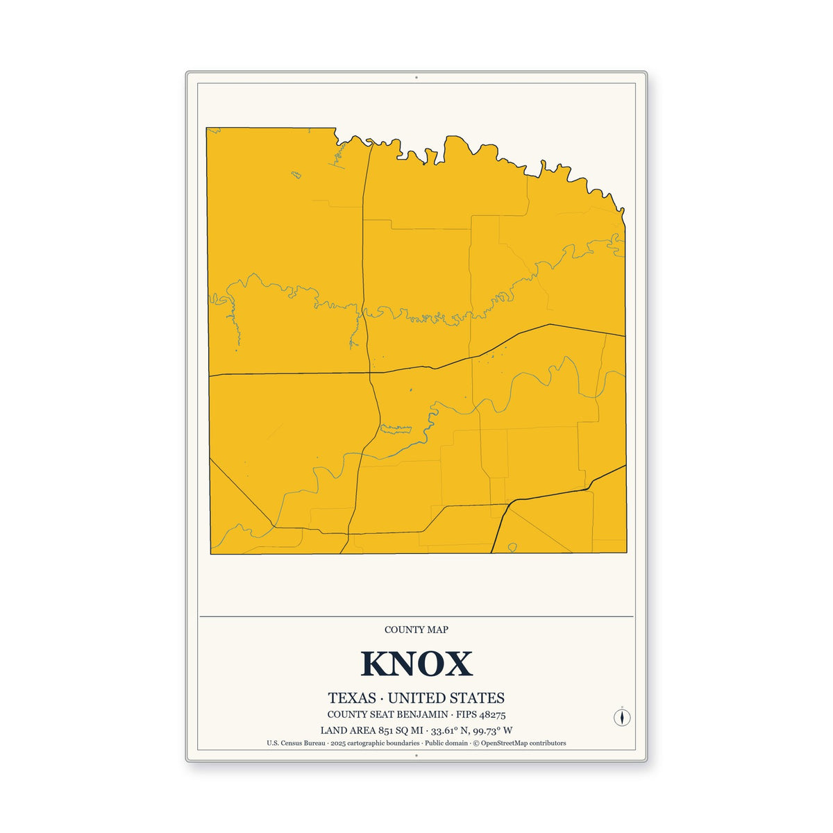Knox County, Texas Map Aluminum Sign in Citrine Modern style