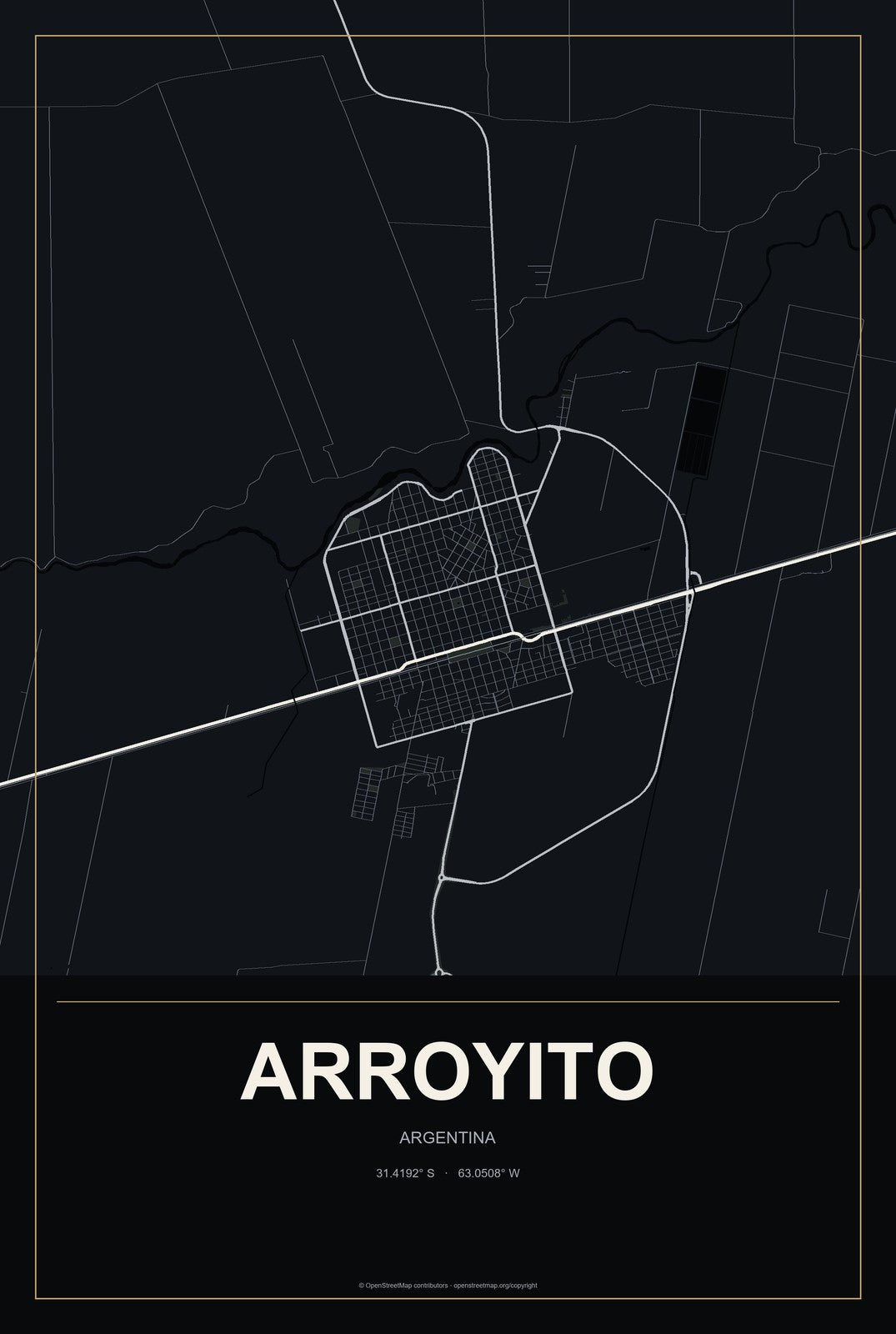 Arroyito, Argentina City Map Aluminum Sign in Metropolitan Noir style