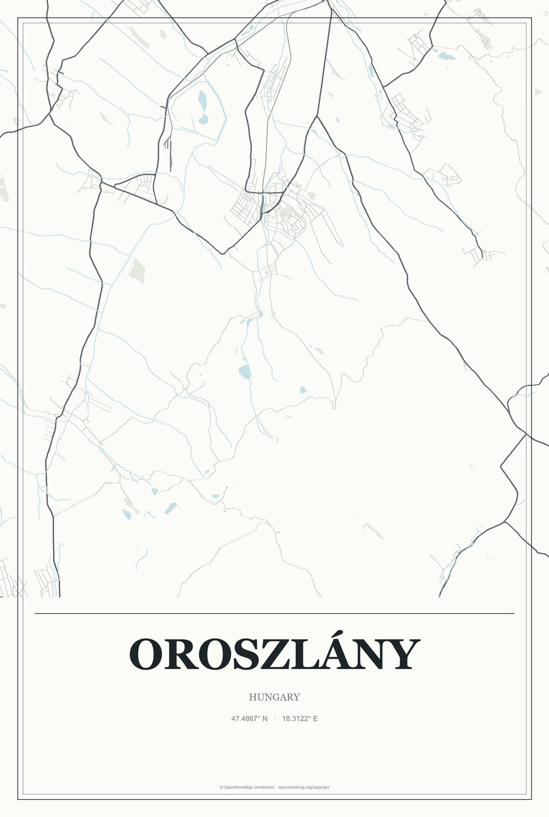 Oroszlány, Hungary City Map Aluminum Sign in Gallery Air style
