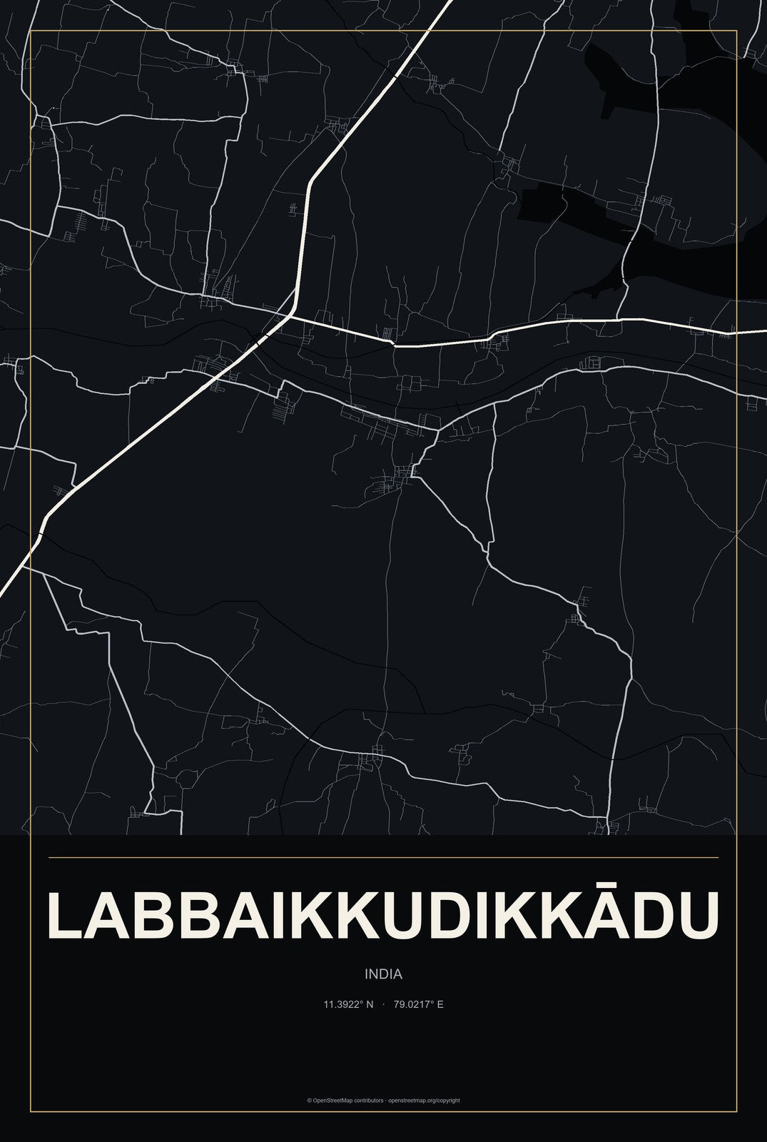 Labbaikkudikkādu, India City Map Aluminum Sign in Metropolitan Noir style
