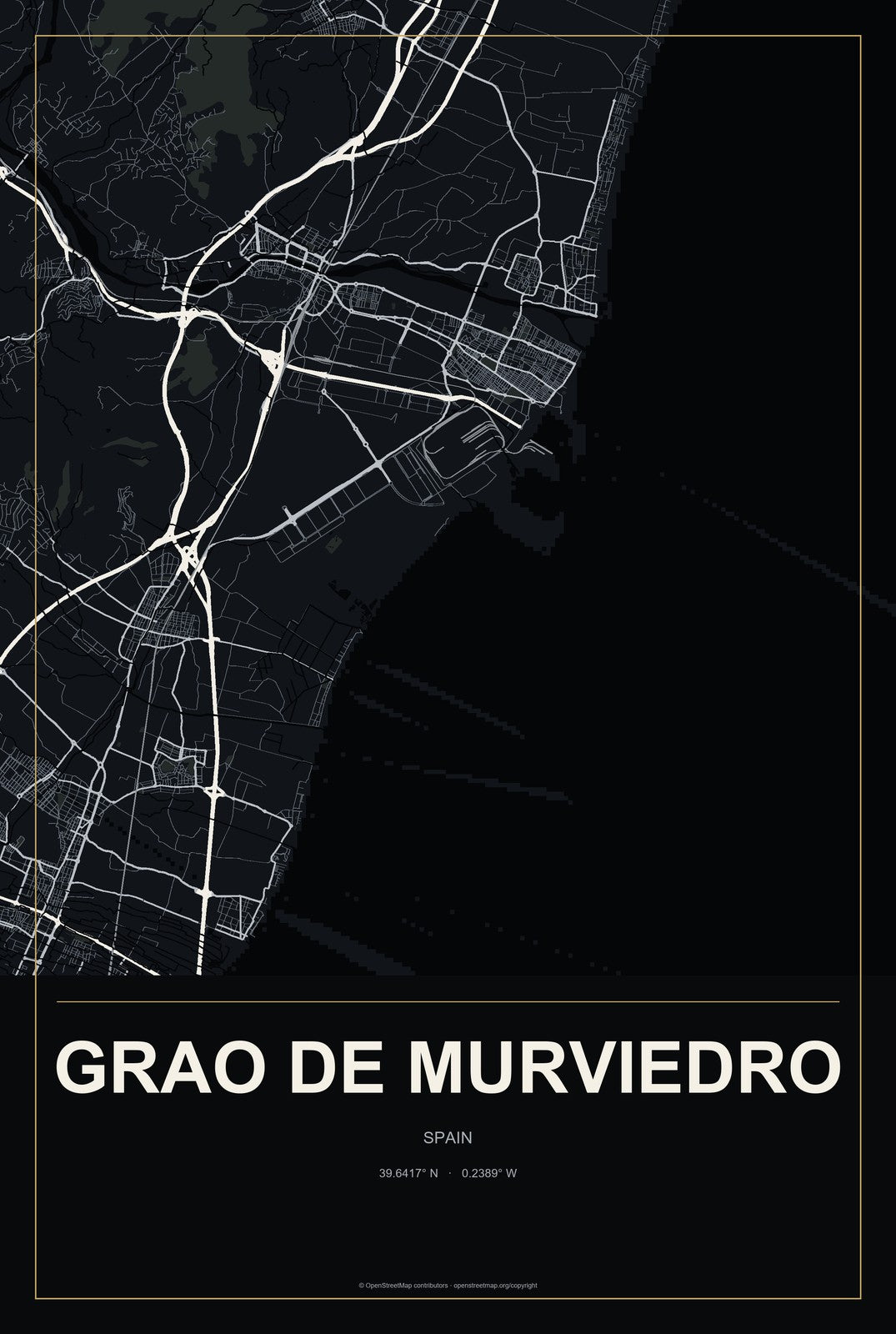 Grao de Murviedro, Spain City Map Aluminum Sign in Metropolitan Noir style
