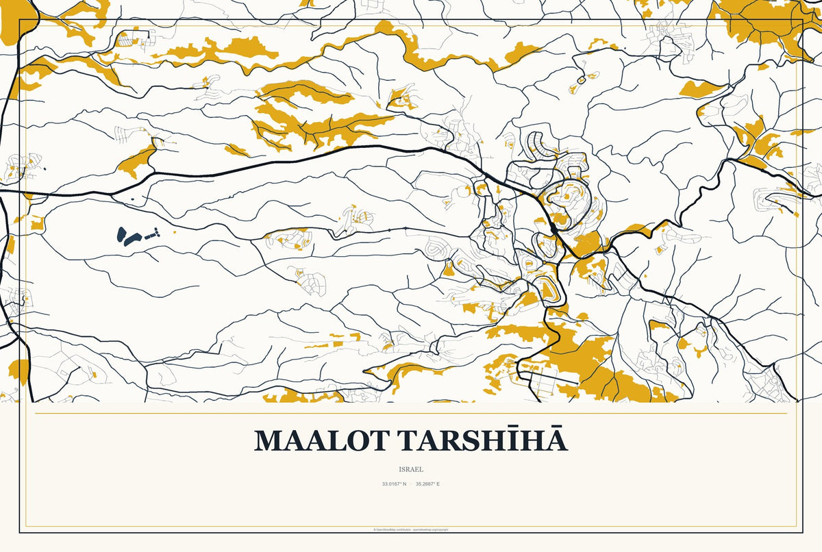 maalot Tarshīhā, Israel City Map Aluminum Sign in Citrine Modern style