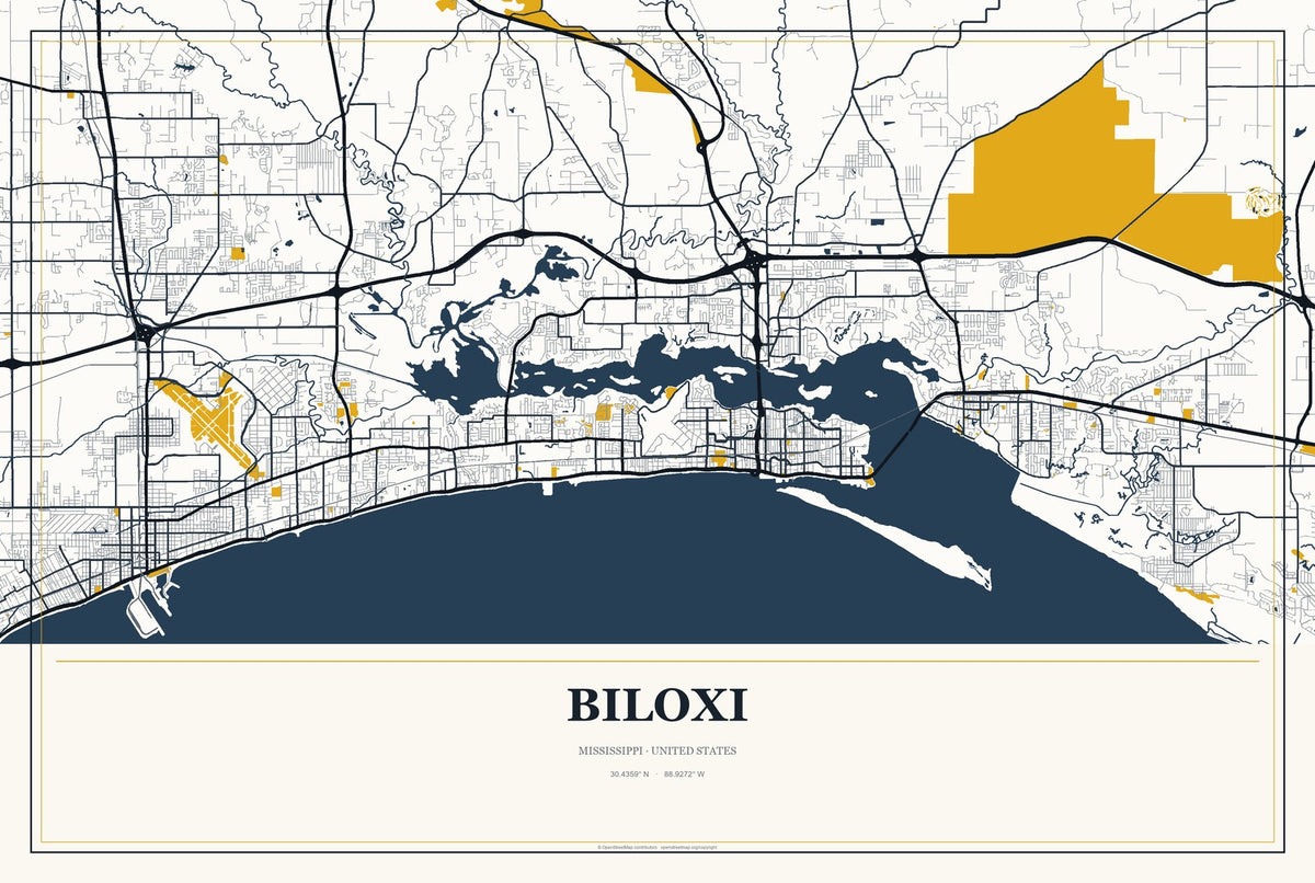 Biloxi, Mississippi City Map Aluminum Sign in Citrine Modern style