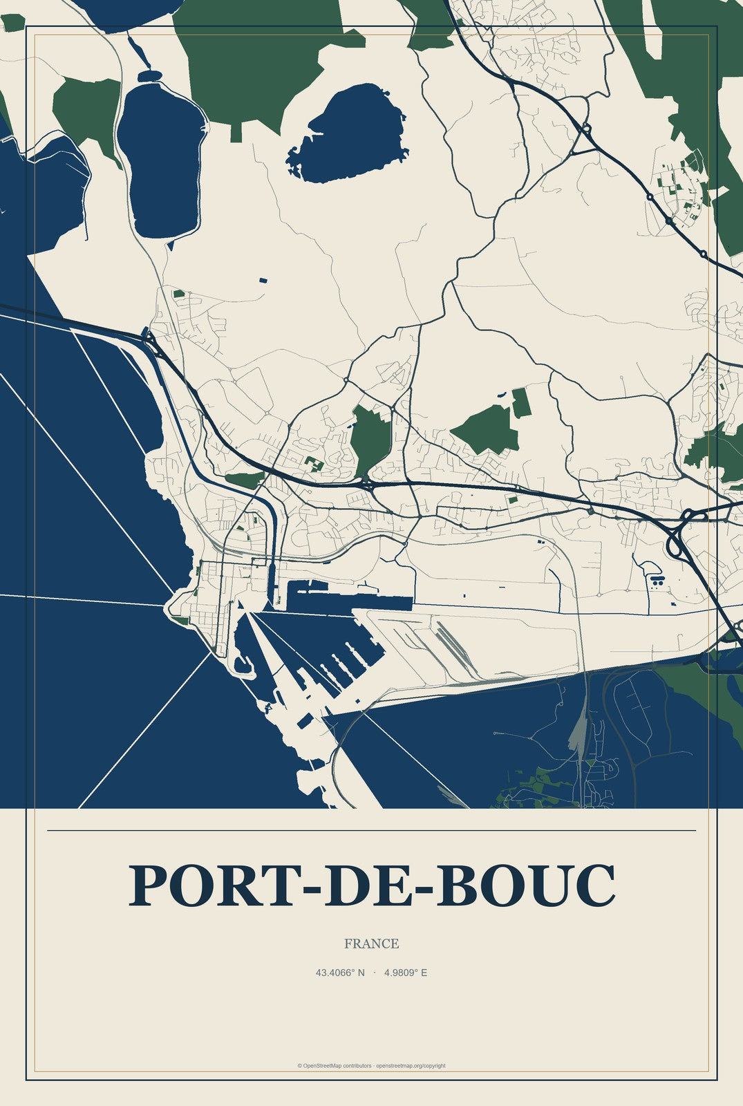 Port-de-Bouc, France City Map Aluminum Sign in Coastal Cutout style