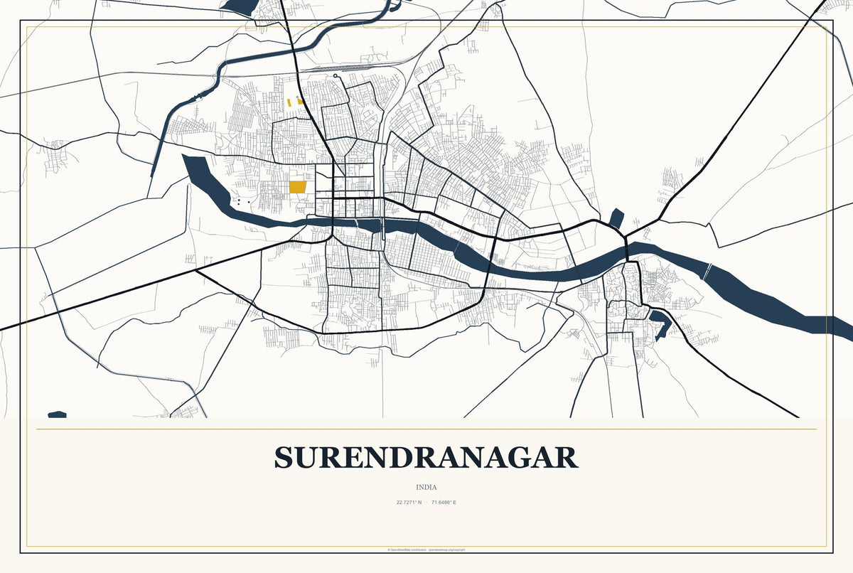 Surendranagar, India City Map Aluminum Sign in Citrine Modern style