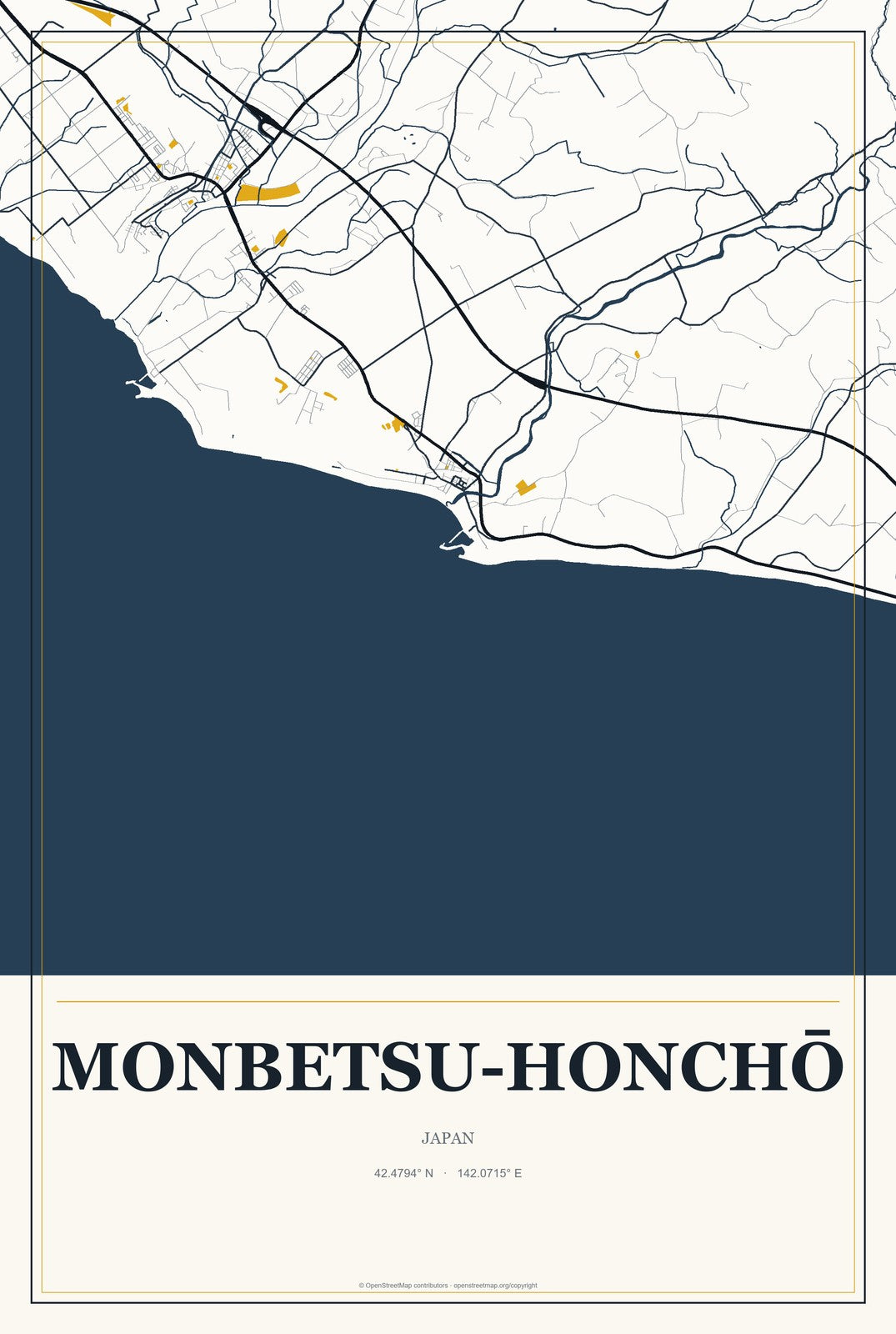 Monbetsu-honchō, Japan City Map Aluminum Sign in Citrine Modern style
