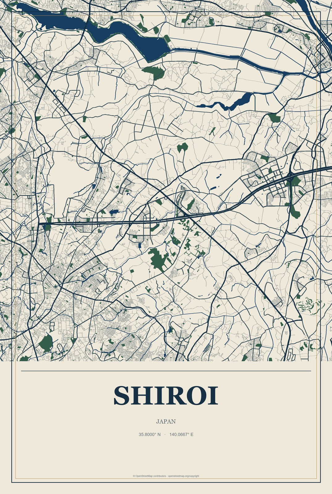 Shiroi, Japan City Map Aluminum Sign in Coastal Cutout style