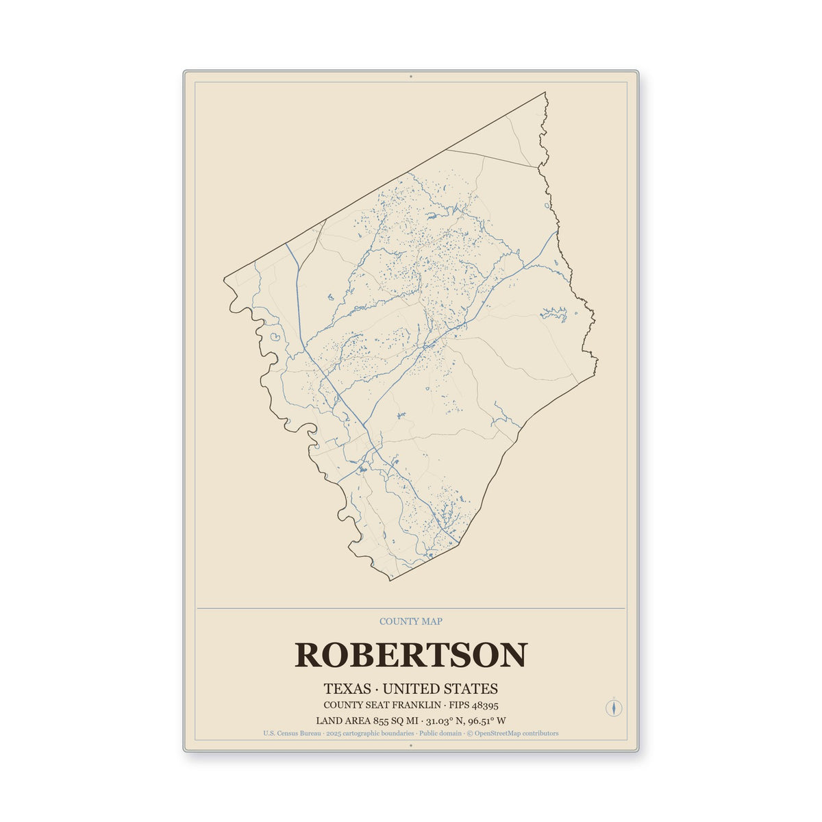 Robertson County, Texas Map Aluminum Sign in Heritage Nautical style