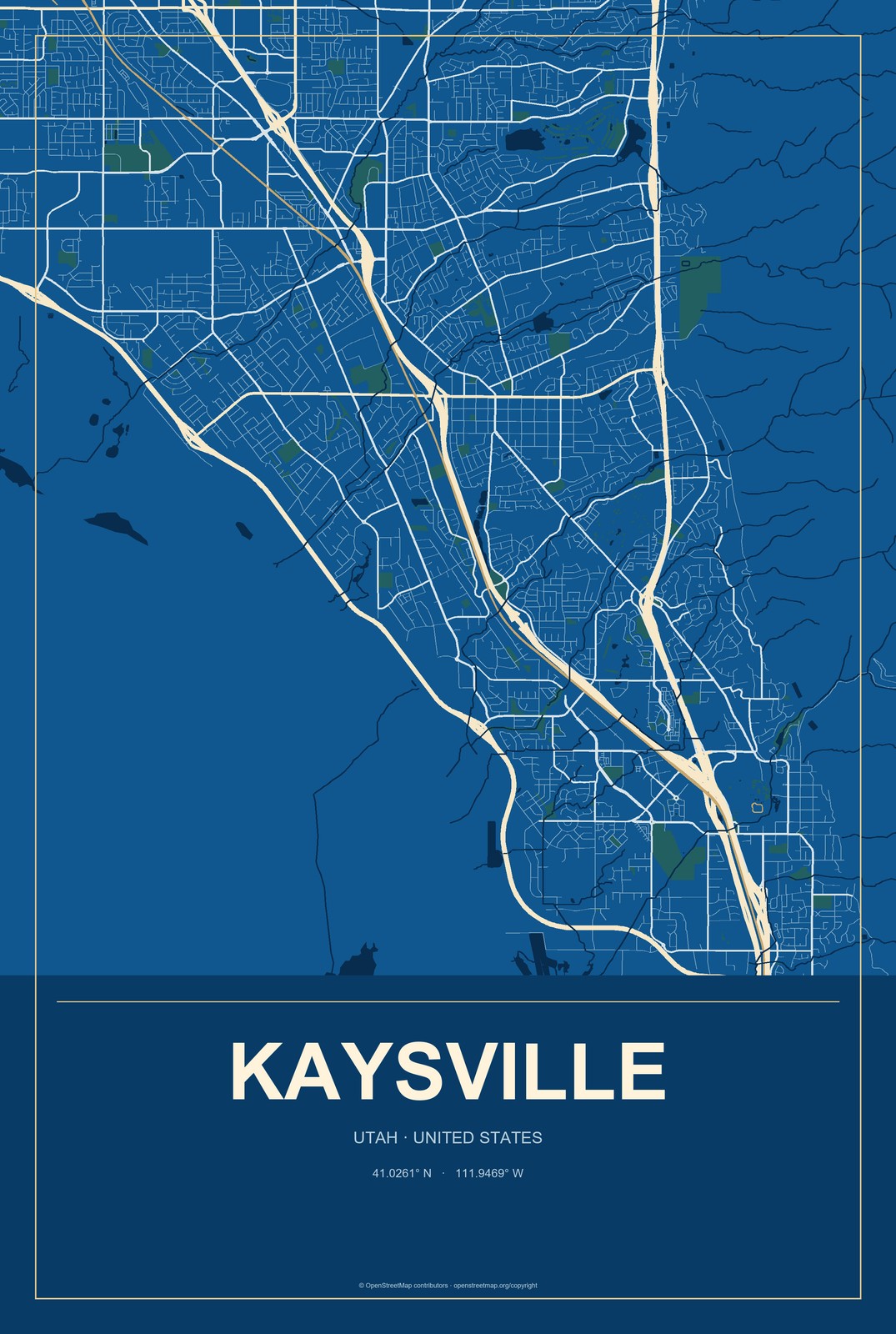 Kaysville, Utah City Map Aluminum Sign in Harbor Cobalt style