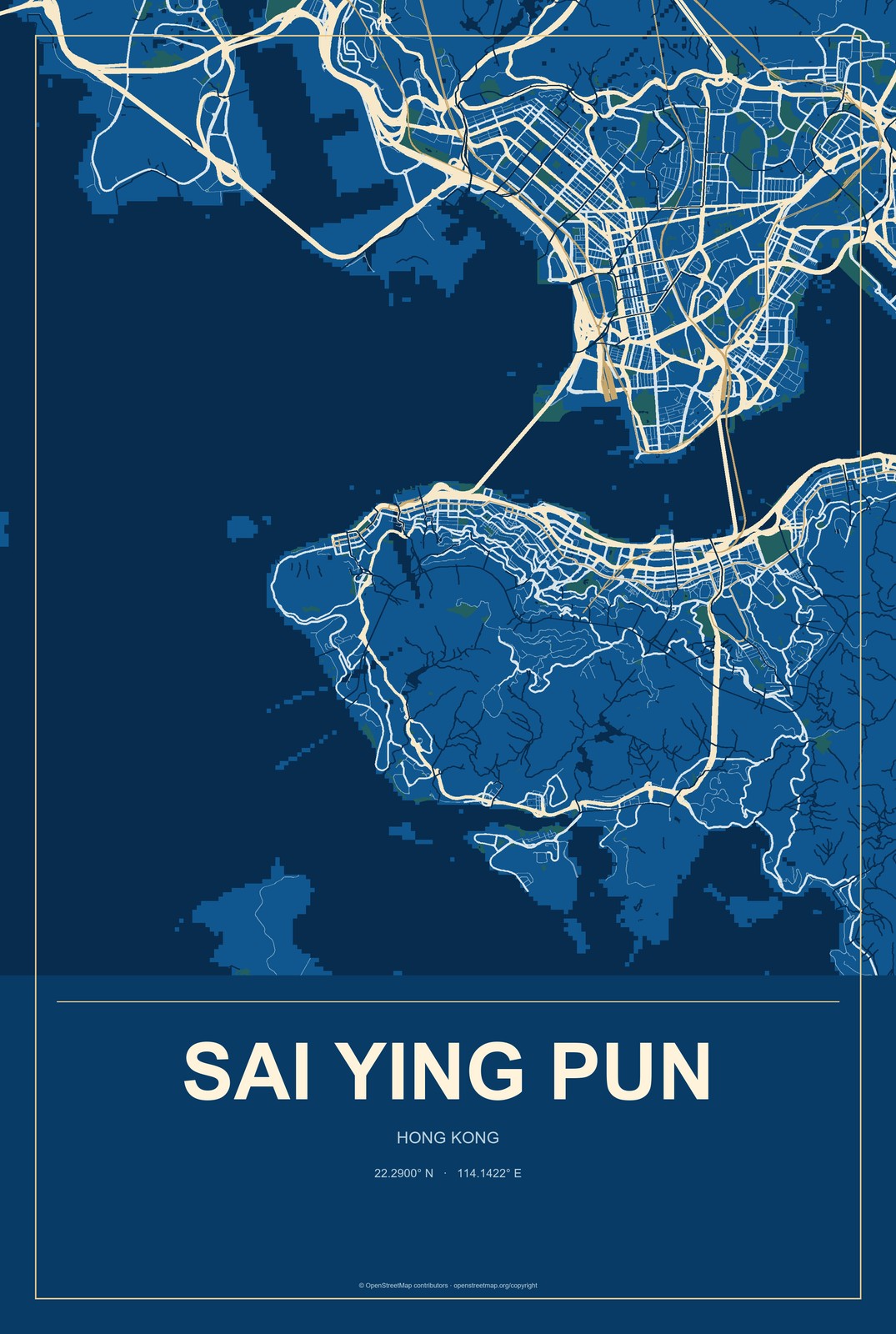 Sai Ying Pun, Hong Kong City Map Aluminum Sign in Harbor Cobalt style