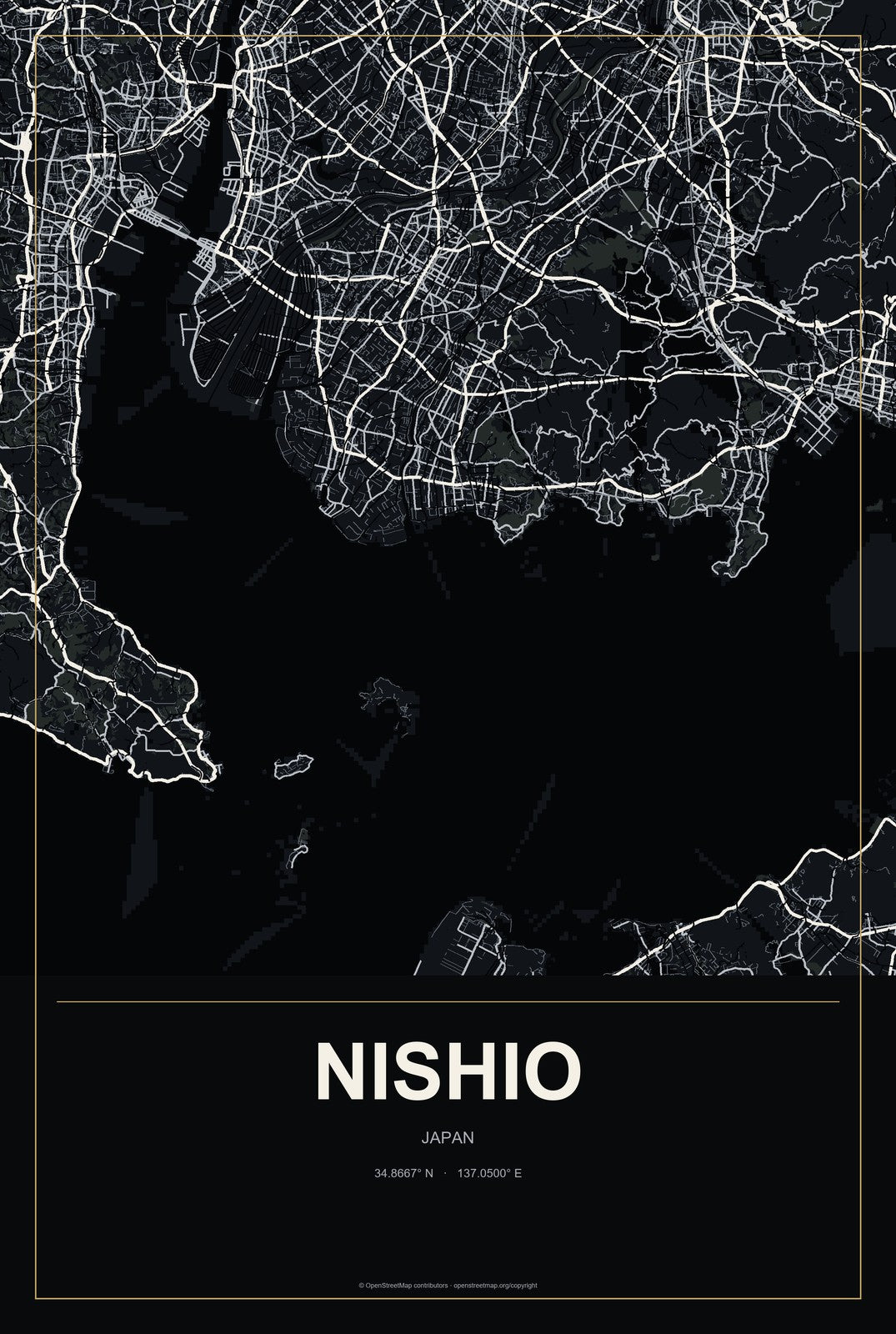 Nishio, Japan City Map Aluminum Sign in Metropolitan Noir style