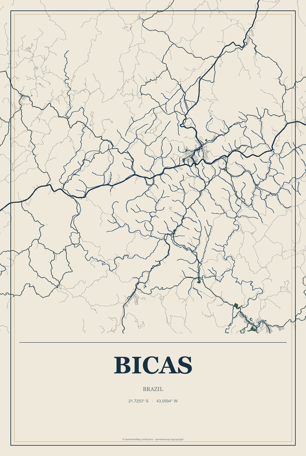 Bicas, Brazil City Map Aluminum Sign in Coastal Cutout style