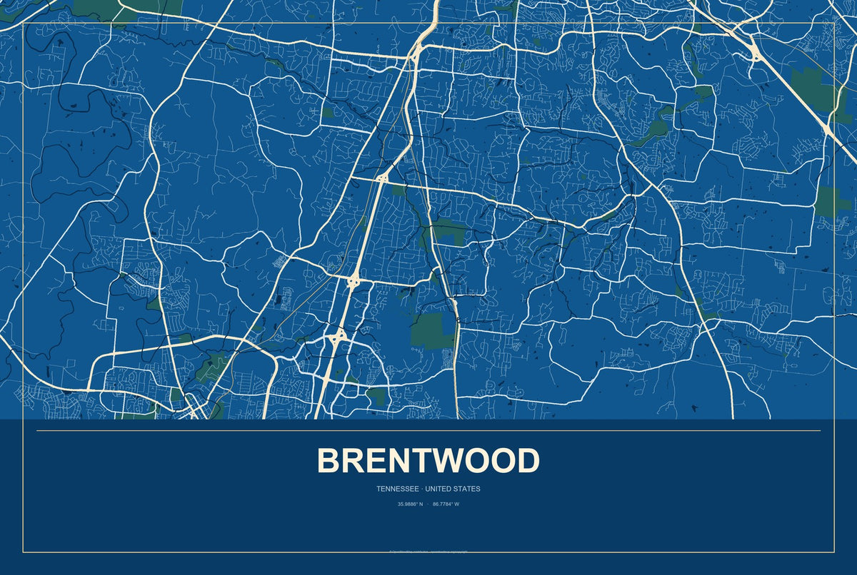 Brentwood, Tennessee City Map Aluminum Sign in Harbor Cobalt style