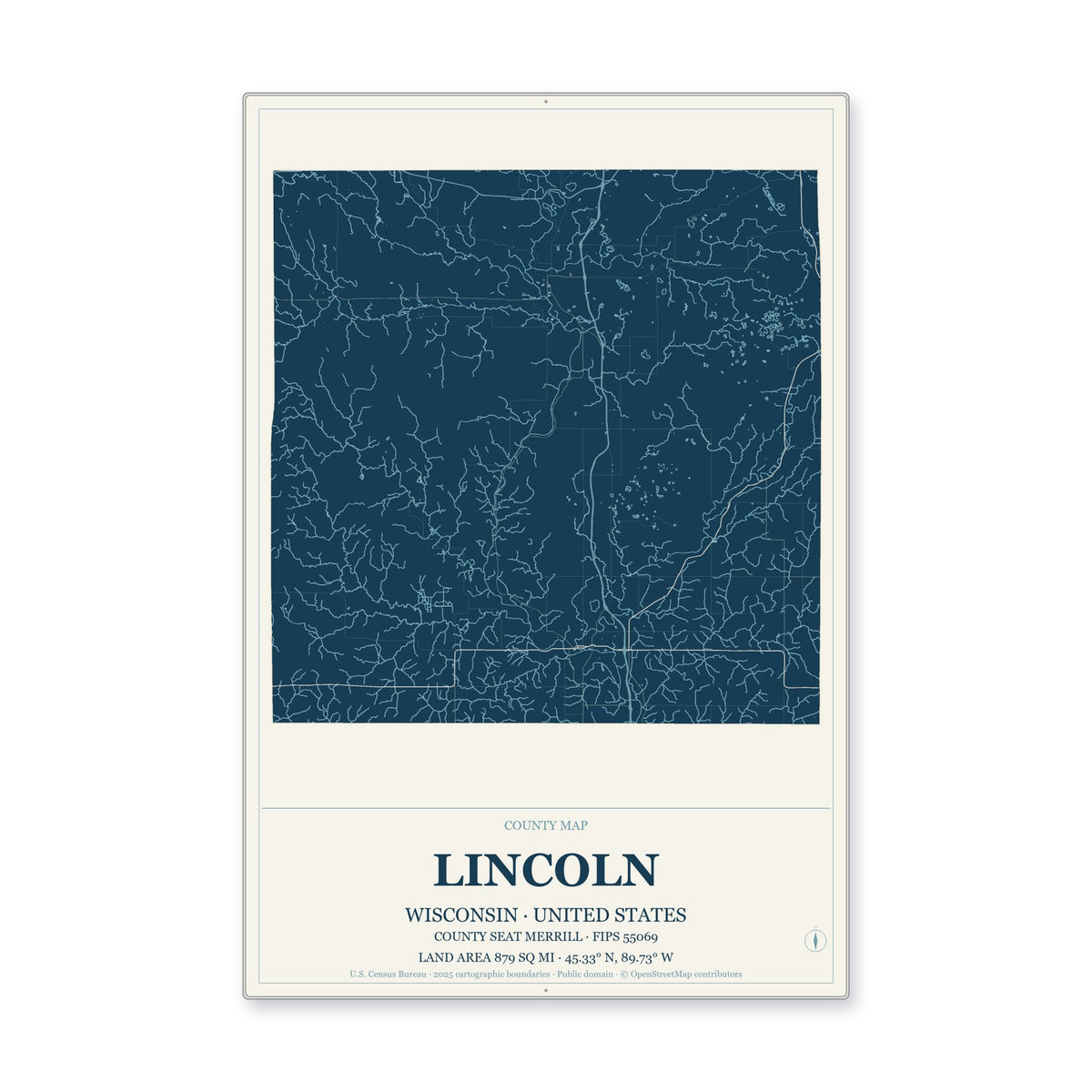 Lincoln County, Wisconsin Map Aluminum Sign in Coastal Cutout style