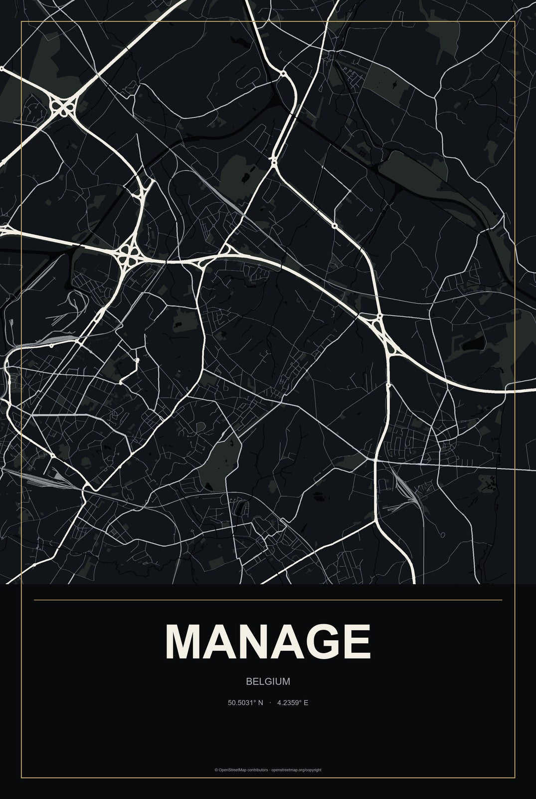 Manage, Belgium City Map Aluminum Sign in Metropolitan Noir style