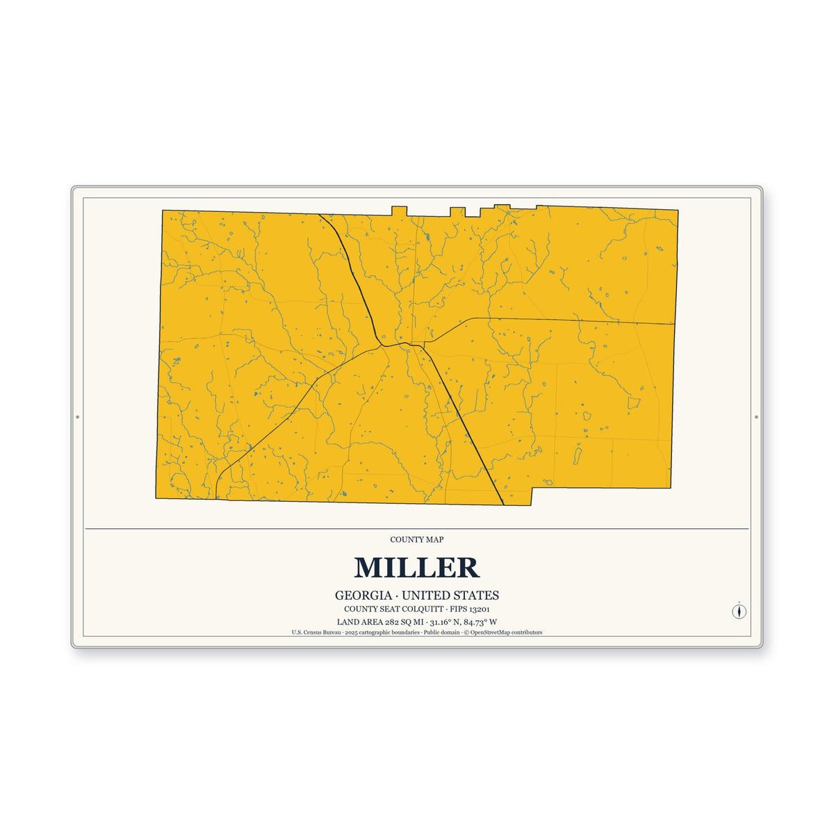 Miller County, Georgia Map Aluminum Sign in Citrine Modern style