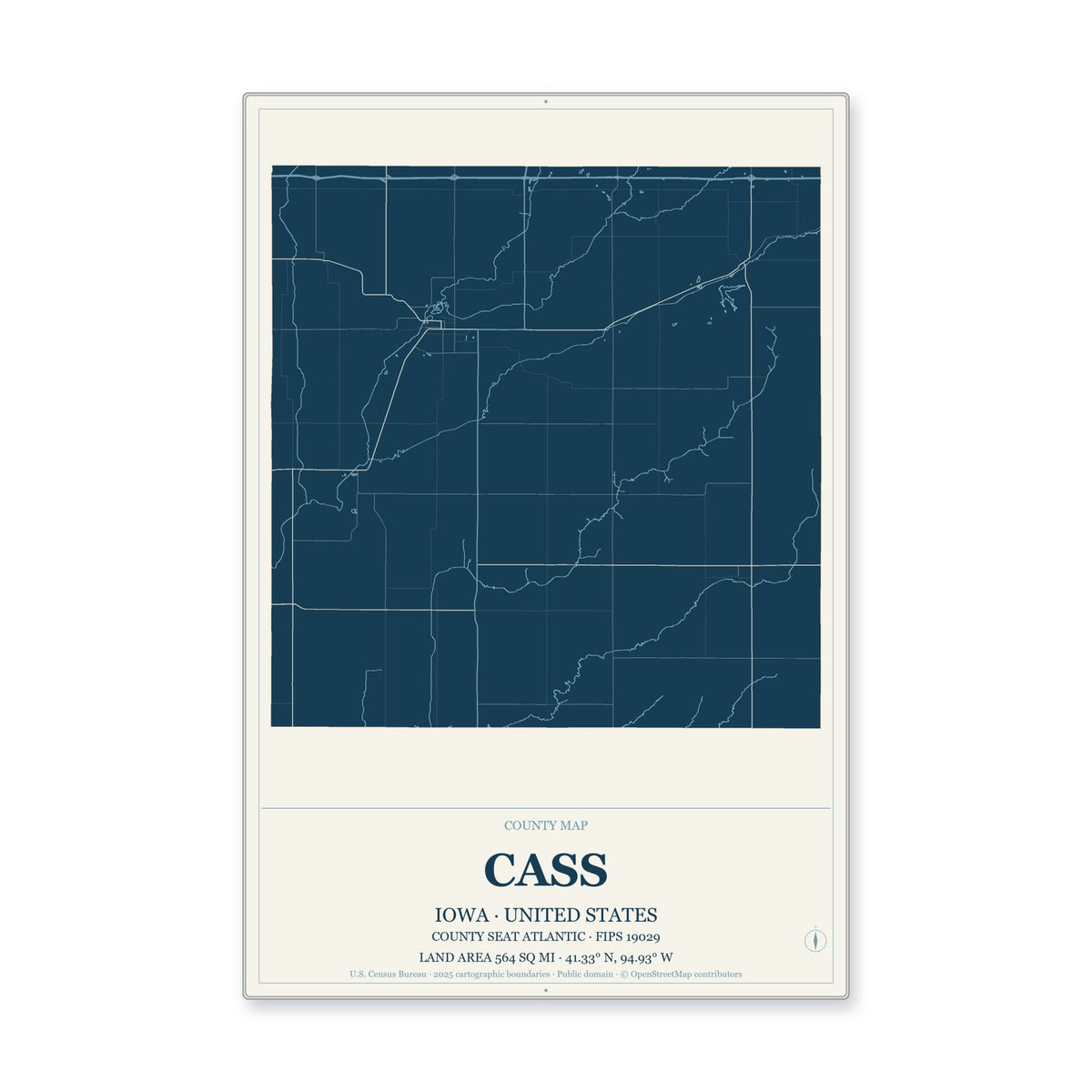 Cass County, Iowa Map Aluminum Sign in Coastal Cutout style