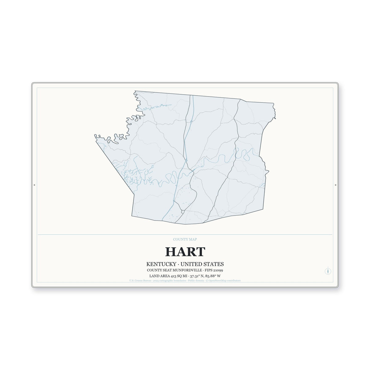 Hart County, Kentucky Map Aluminum Sign in Gallery Air style