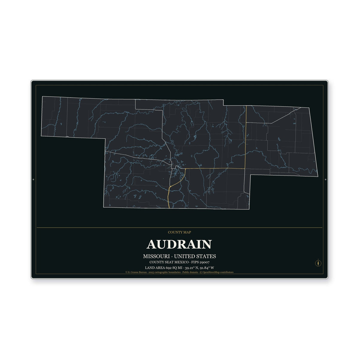 Audrain County, Missouri Map Aluminum Sign in Metropolitan Noir style