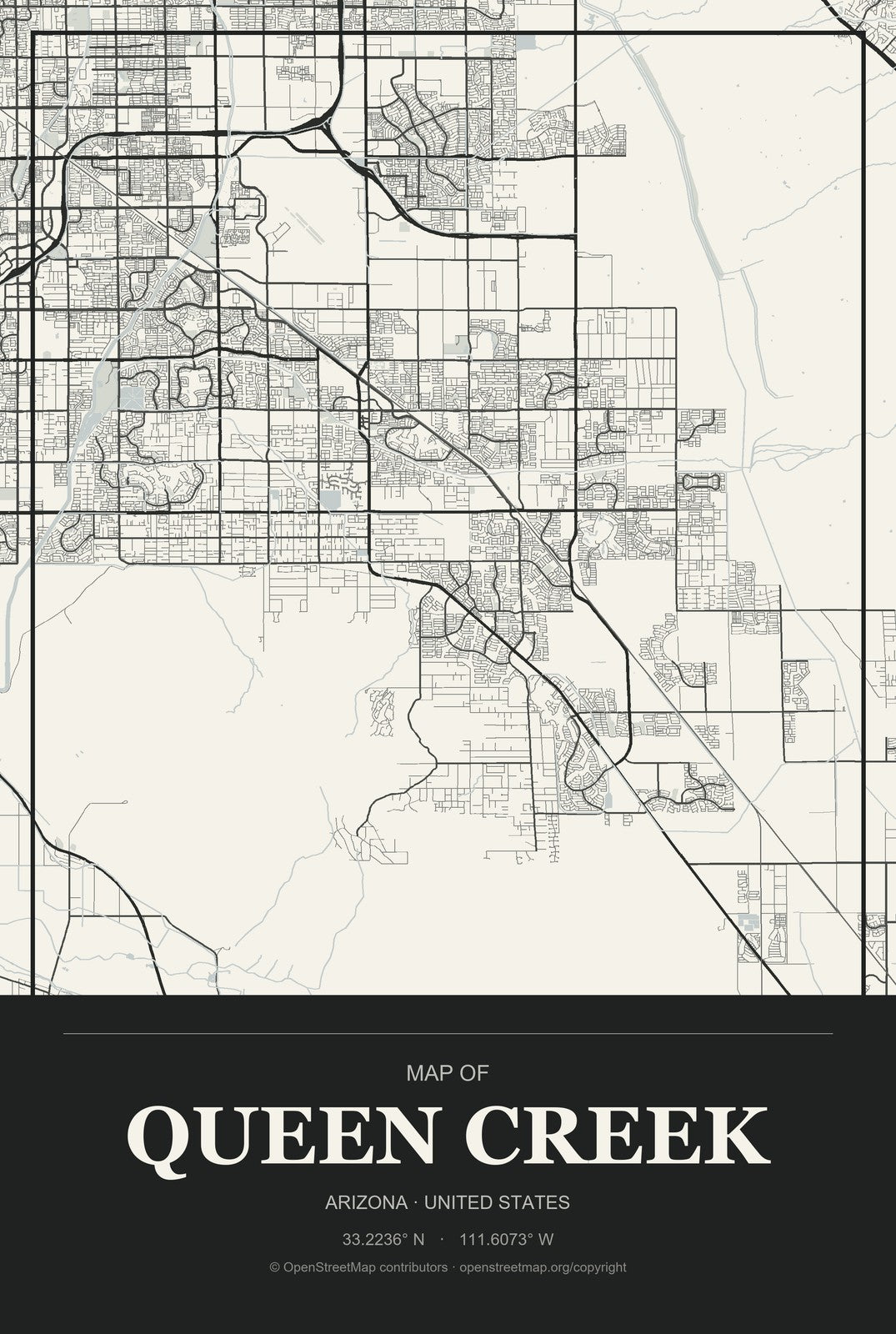 Queen Creek, Arizona City Map Aluminum Sign in Museum Plaque style