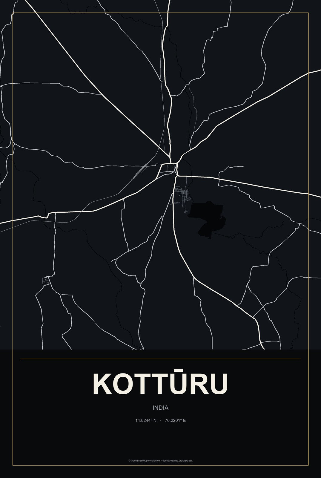 Kottūru, India City Map Aluminum Sign in Metropolitan Noir style