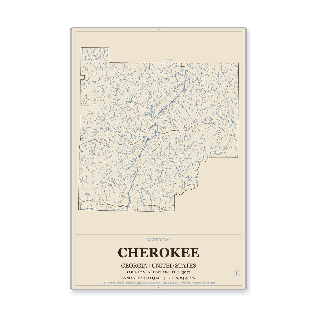 Cherokee County, Georgia Map Aluminum Sign in Heritage Nautical style