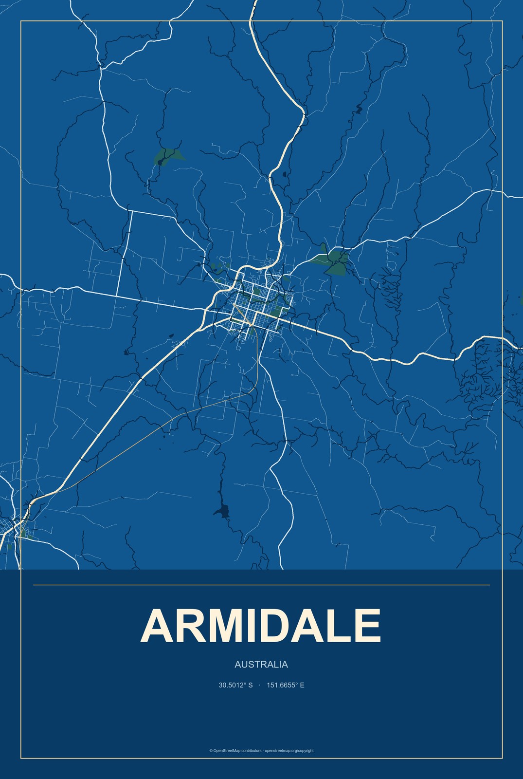 Armidale, Australia City Map Aluminum Sign in Harbor Cobalt style