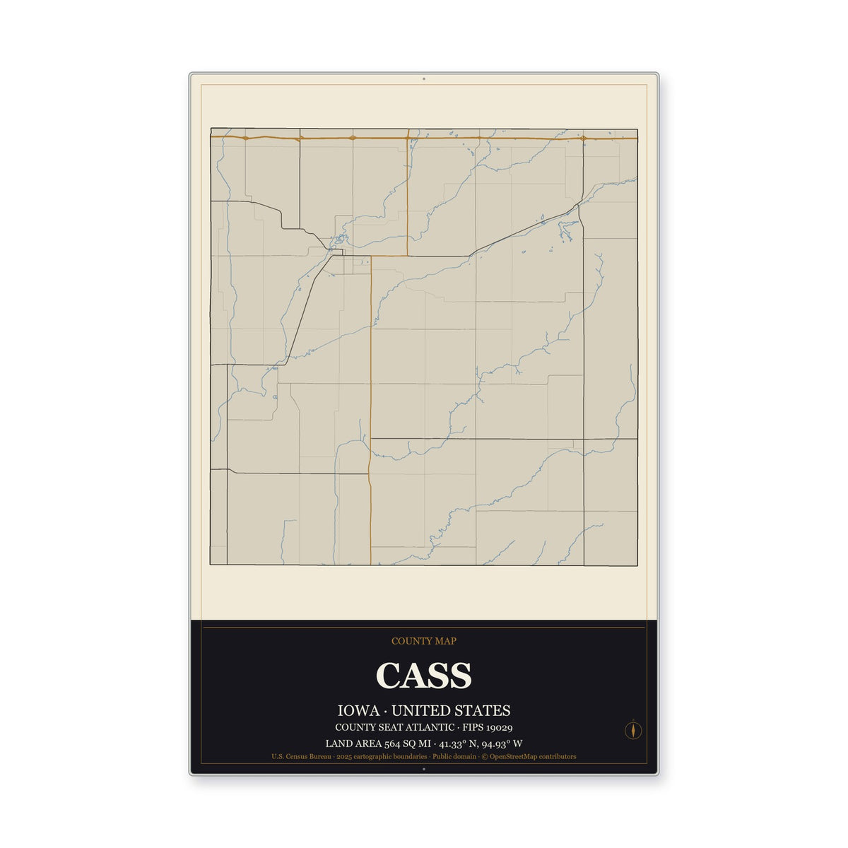 Cass County, Iowa Map Aluminum Sign in Museum Plaque style