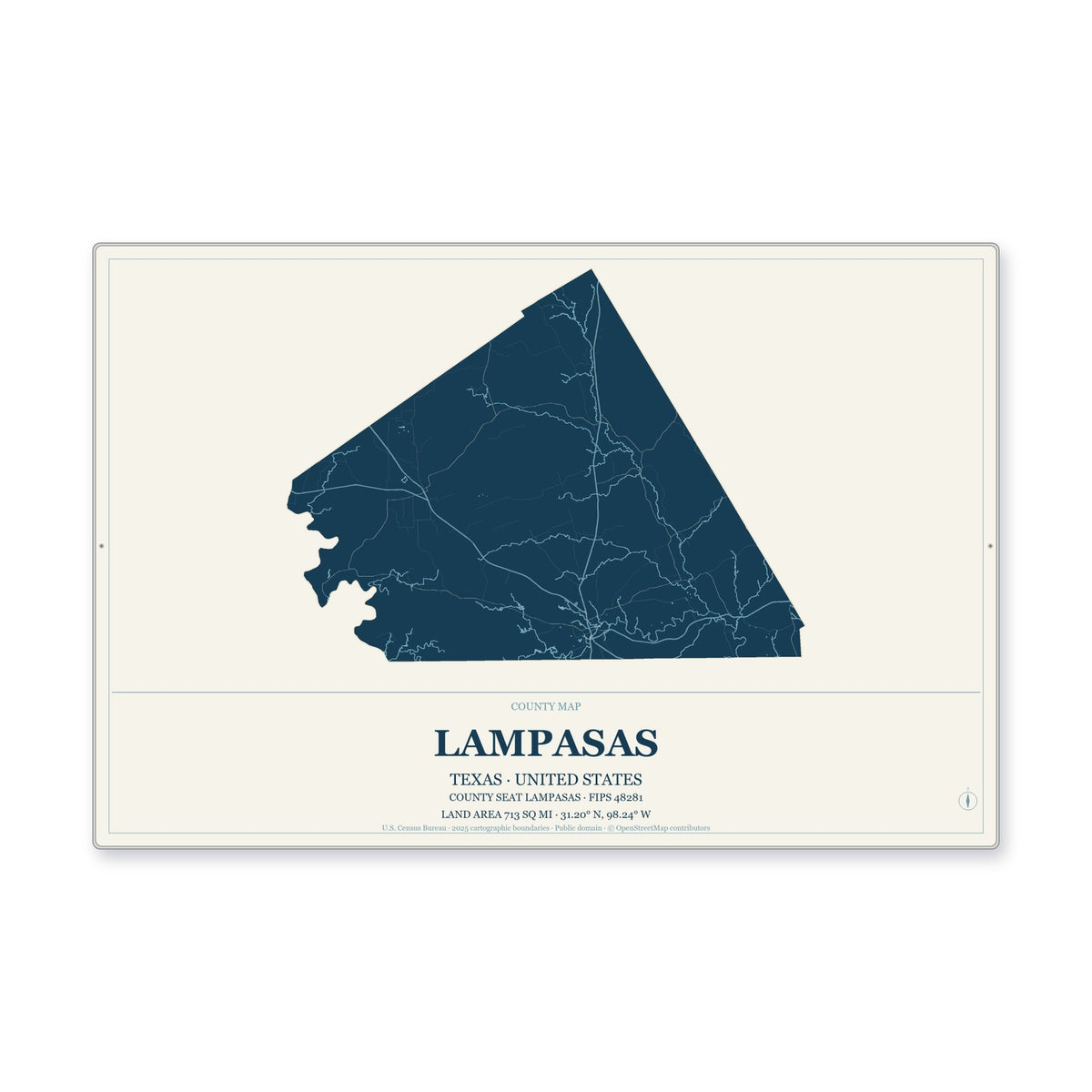 Lampasas County, Texas Map Aluminum Sign in Coastal Cutout style