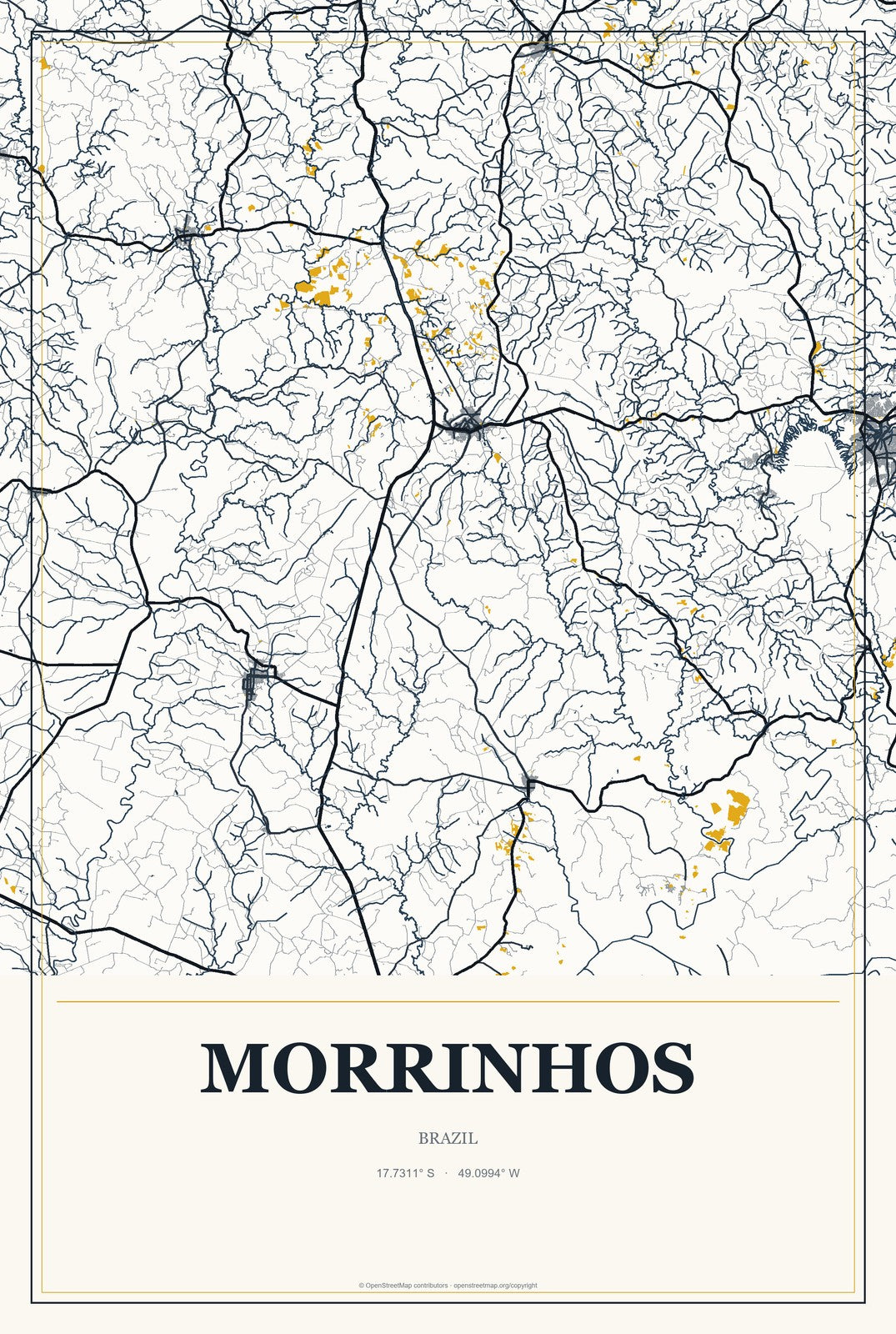 Morrinhos, Goiás, Brazil City Map Aluminum Sign in Citrine Modern style