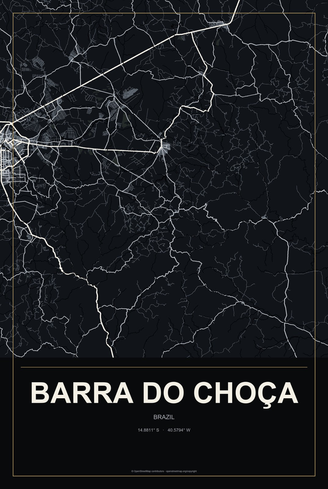 Barra do Choça, Brazil City Map Aluminum Sign in Metropolitan Noir style