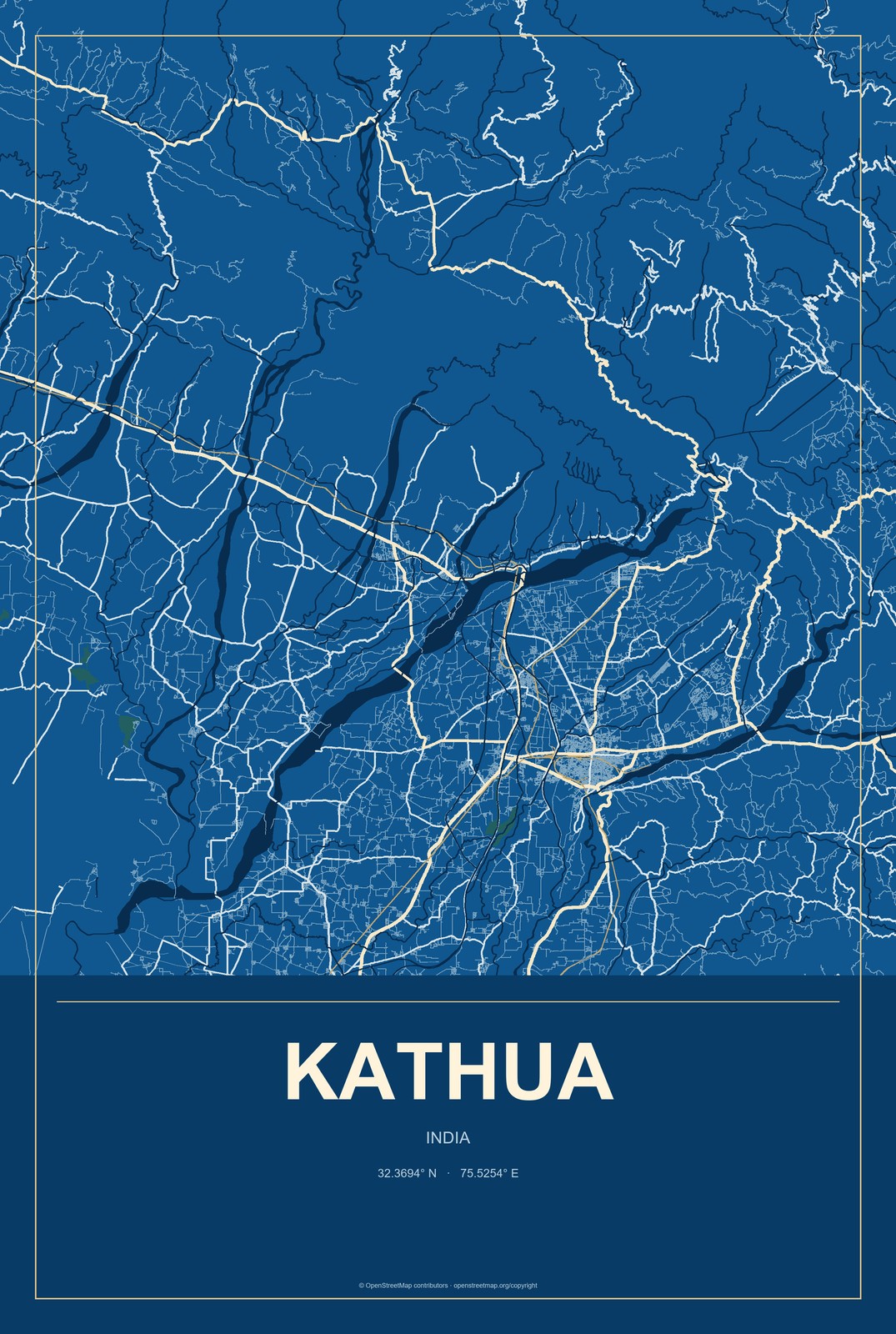 Kathua, India City Map Aluminum Sign in Harbor Cobalt style