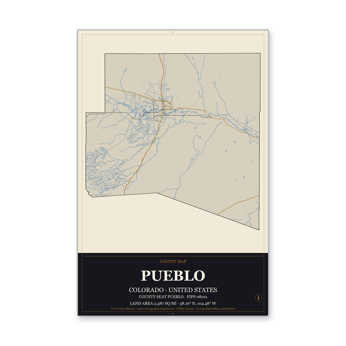 Pueblo County, Colorado Map Aluminum Sign in Museum Plaque style