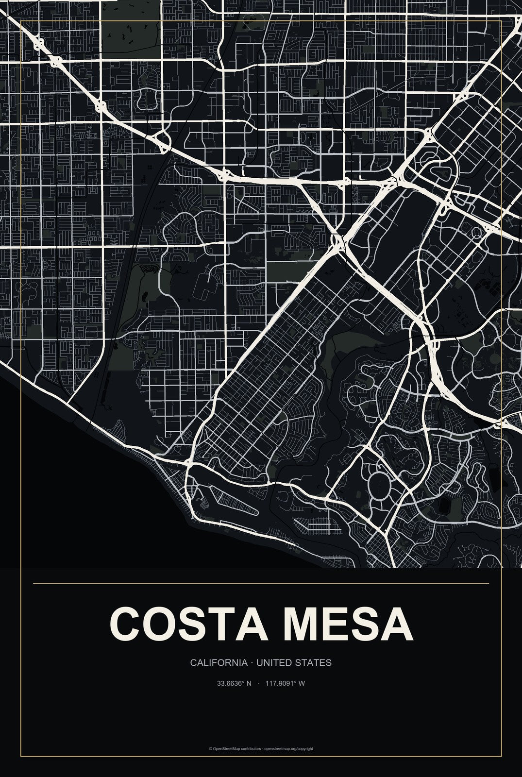 Costa Mesa, California City Map Aluminum Sign in Metropolitan Noir style