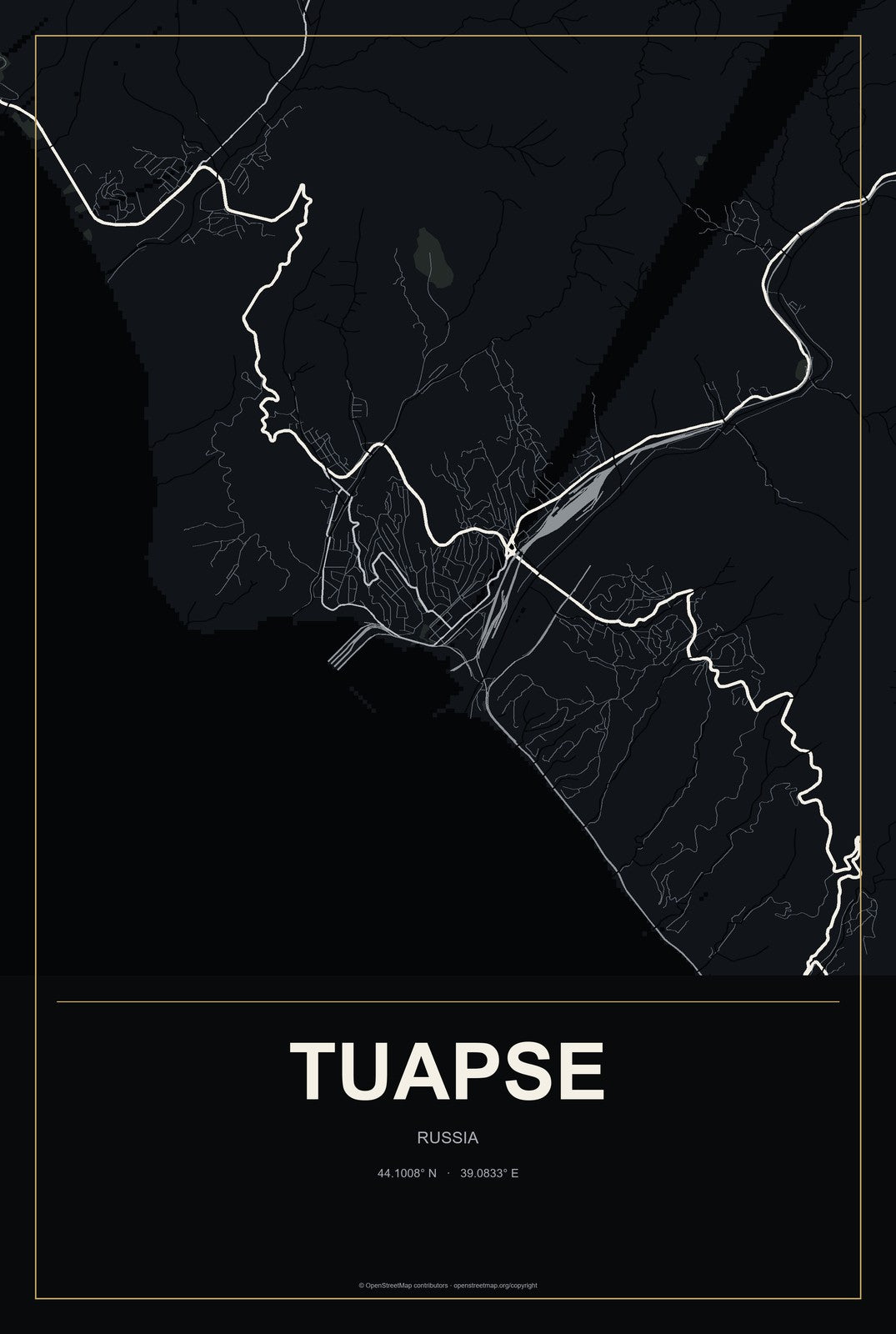 Tuapse, Russia City Map Aluminum Sign in Metropolitan Noir style