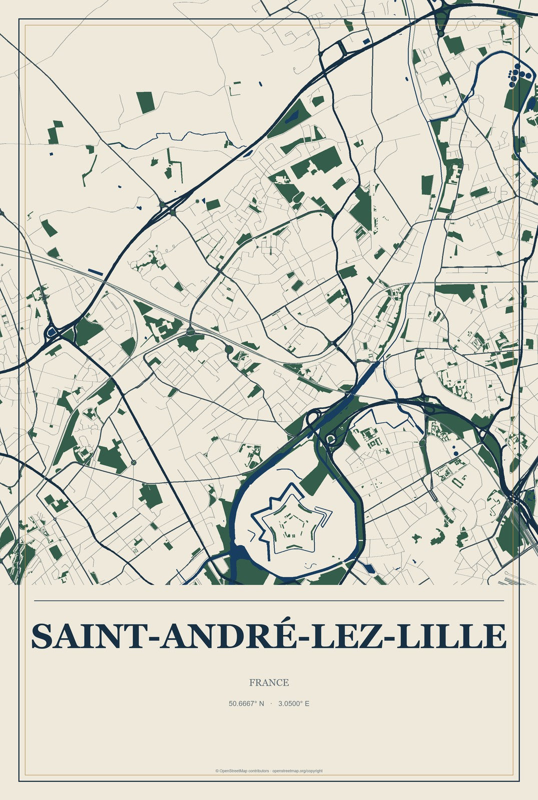 Saint-André-lez-Lille, France City Map Aluminum Sign in Coastal Cutout style