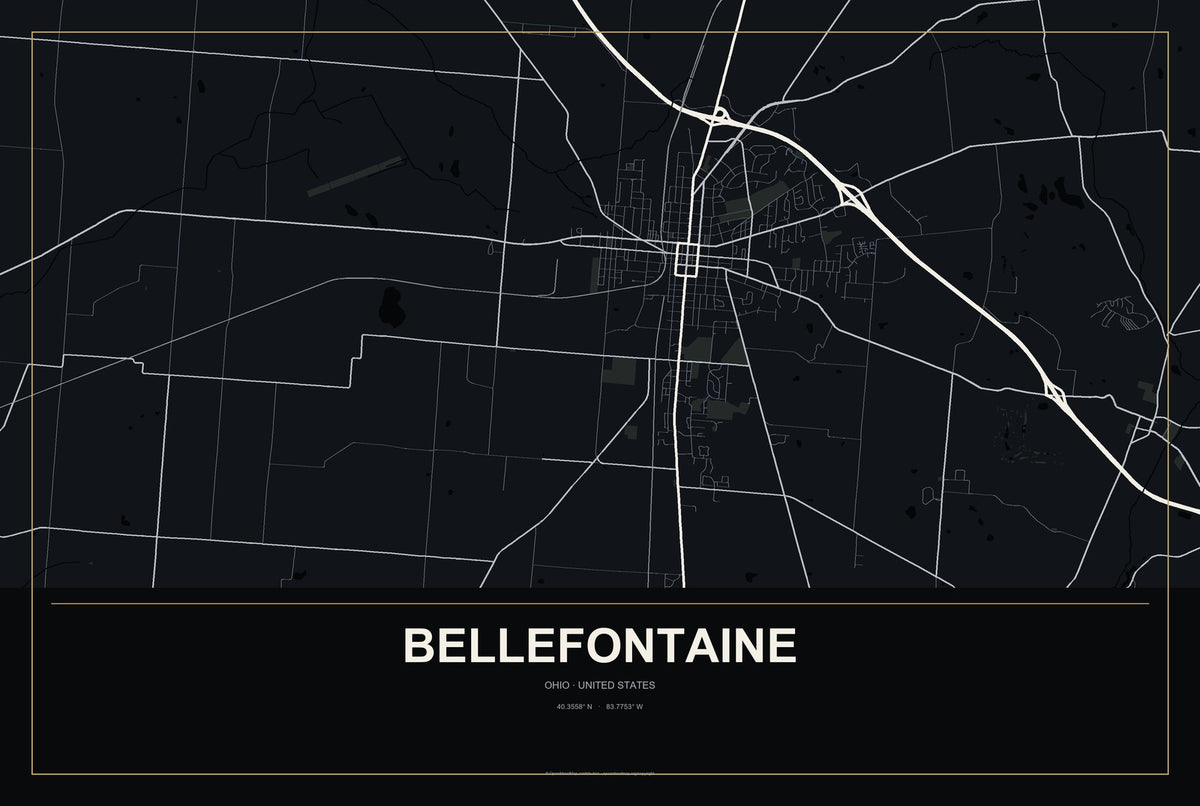 Bellefontaine, Ohio City Map Aluminum Sign in Metropolitan Noir style