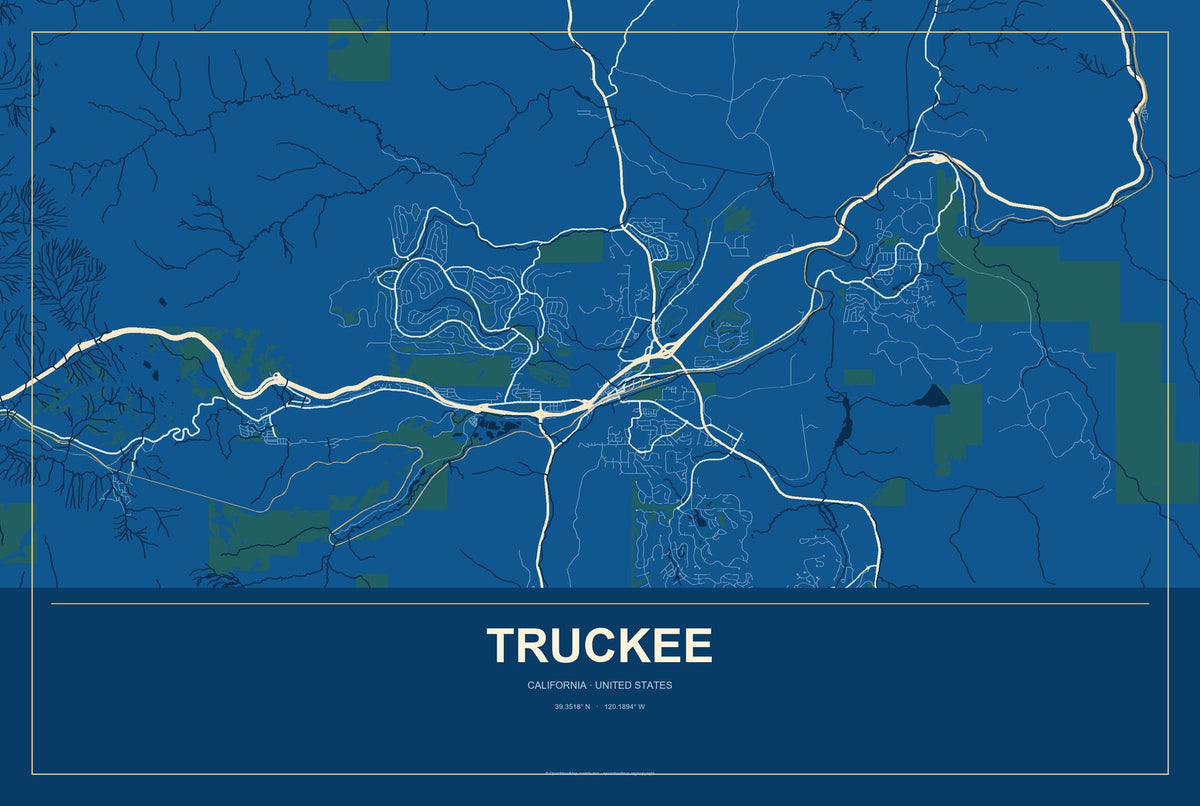 Truckee, California City Map Aluminum Sign in Harbor Cobalt style
