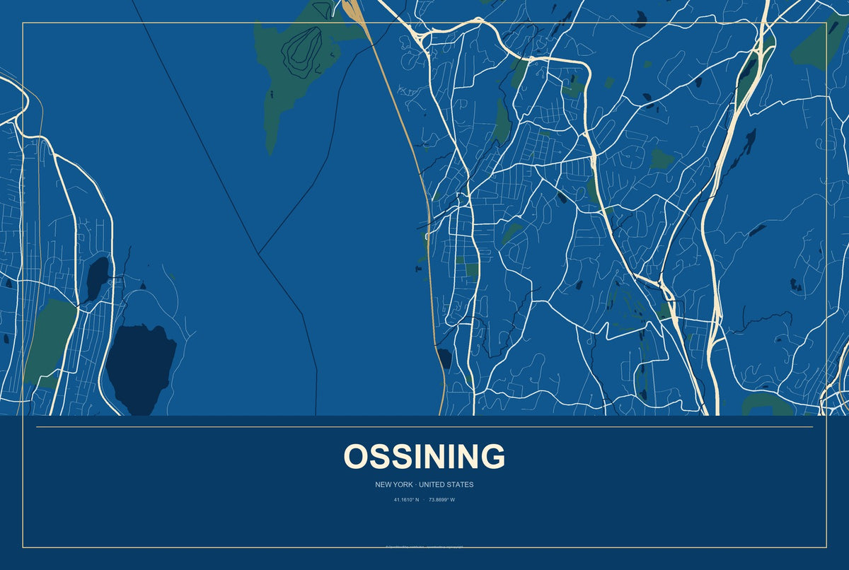 Ossining, New York City Map Aluminum Sign in Harbor Cobalt style