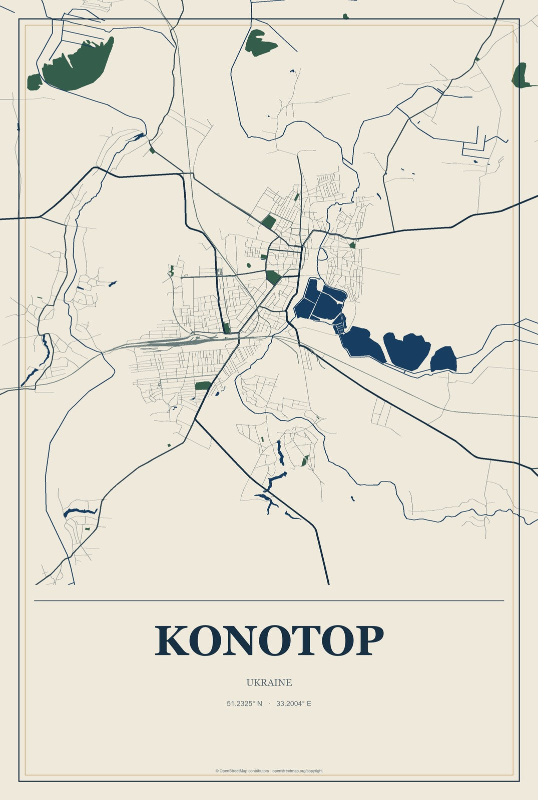 Konotop, Ukraine City Map Aluminum Sign in Coastal Cutout style