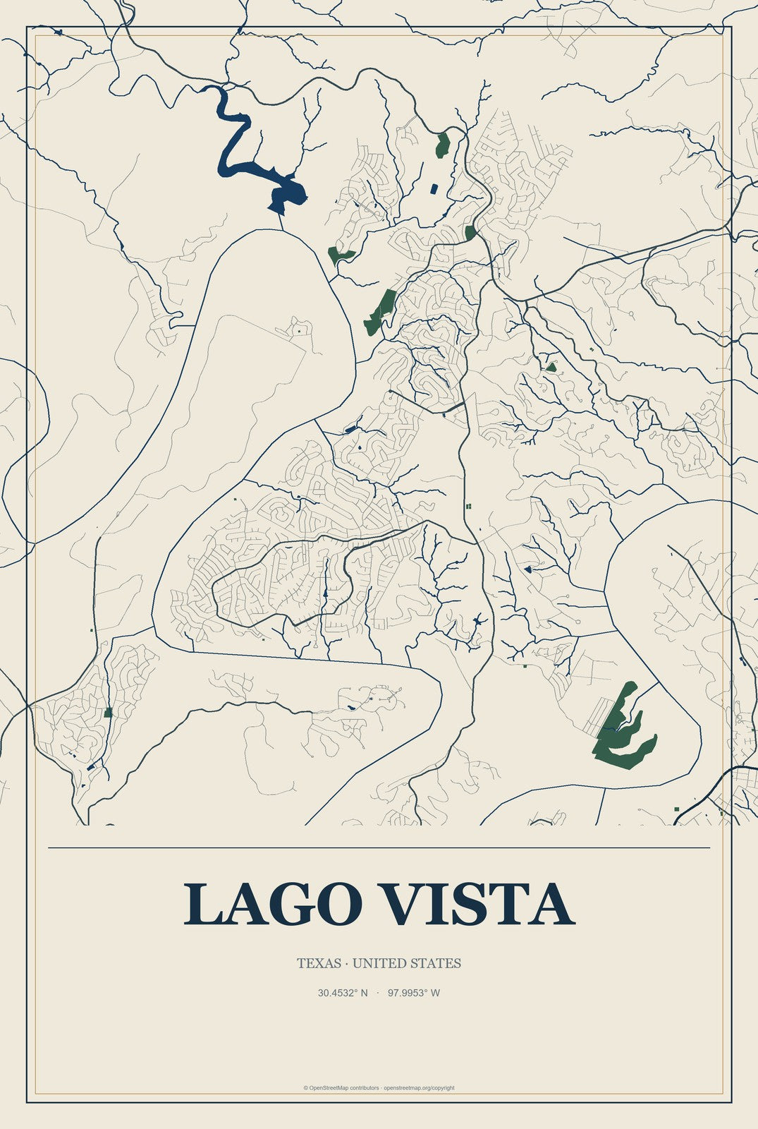 Lago Vista, Texas City Map Aluminum Sign in Coastal Cutout style