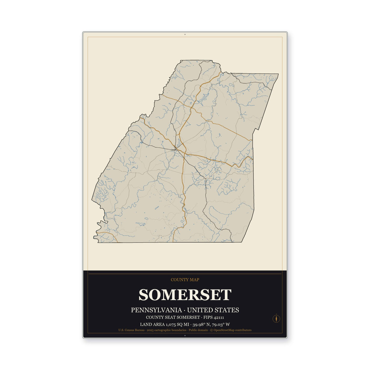 Somerset County, Pennsylvania Map Aluminum Sign in Museum Plaque style