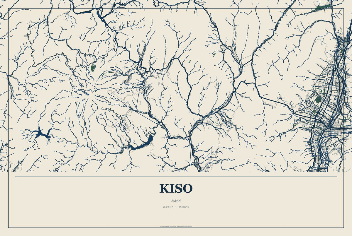 Kiso, Japan City Map Aluminum Sign in Coastal Cutout style