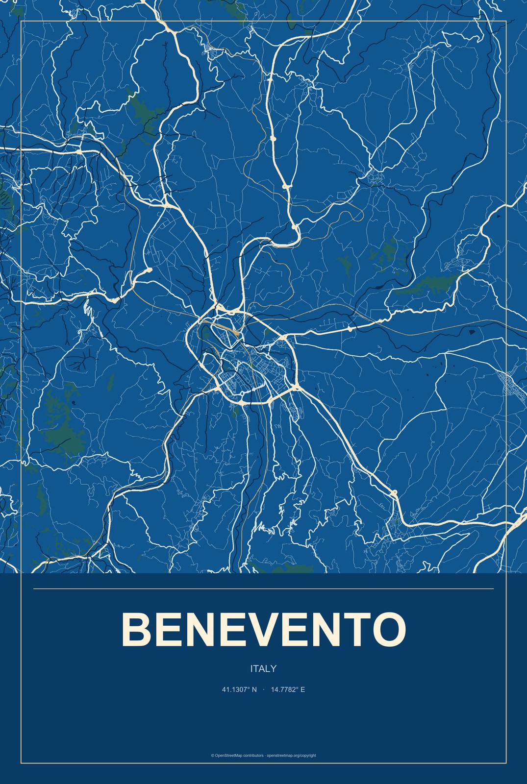 Benevento, Italy City Map Aluminum Sign in Harbor Cobalt style