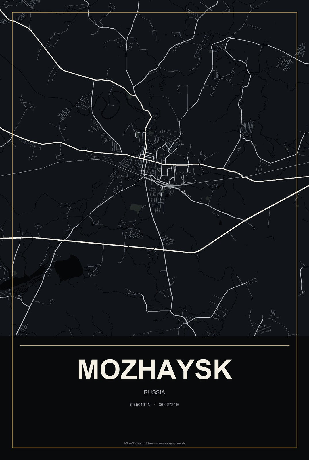 Mozhaysk, Russia City Map Aluminum Sign in Metropolitan Noir style