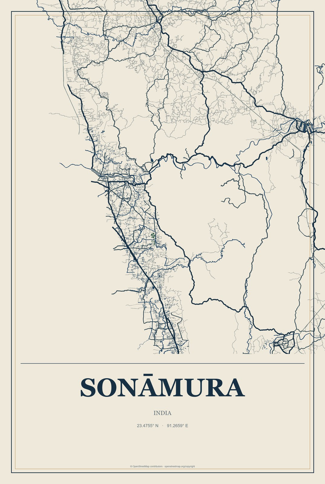 Sonāmura, India City Map Aluminum Sign in Coastal Cutout style