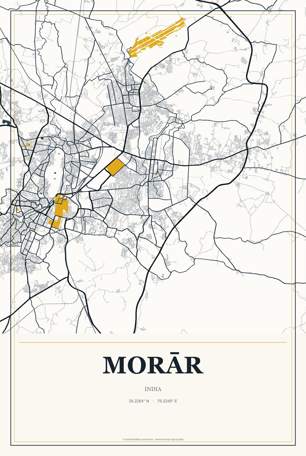 Morār, India City Map Aluminum Sign in Citrine Modern style