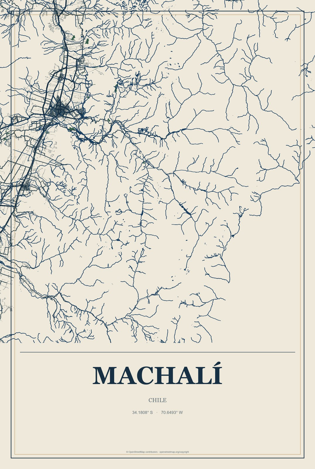 Machalí, Chile City Map Aluminum Sign in Coastal Cutout style