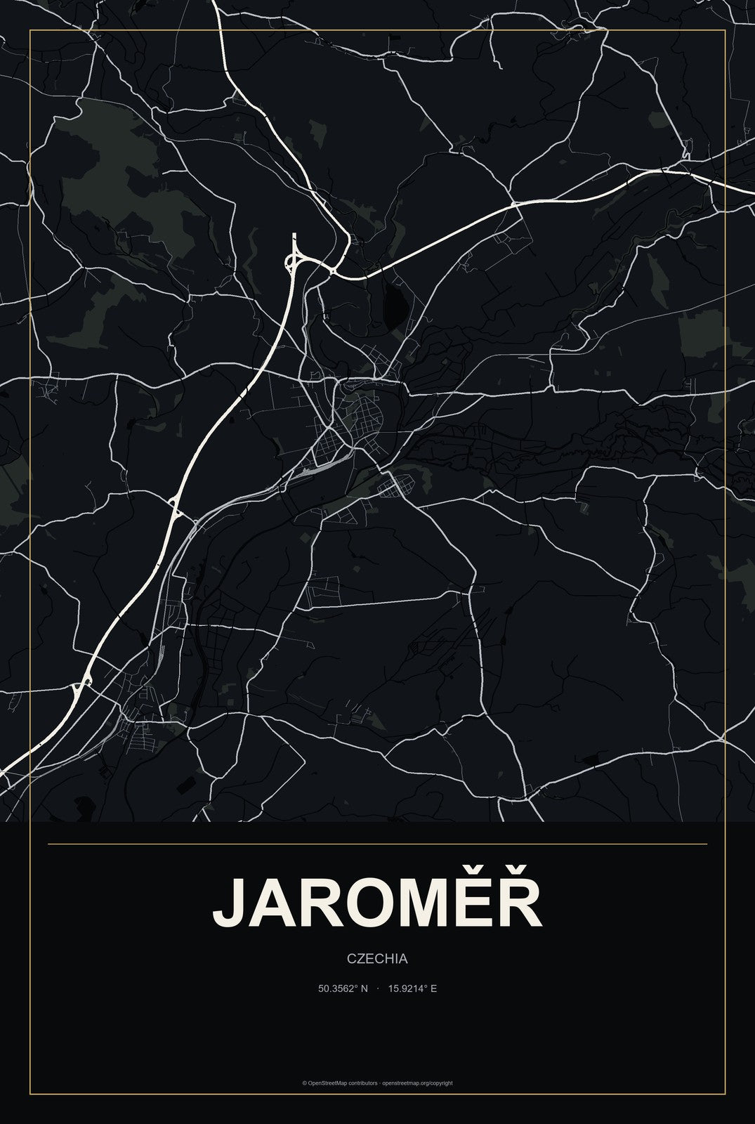 Jaroměř, Czechia City Map Aluminum Sign in Metropolitan Noir style